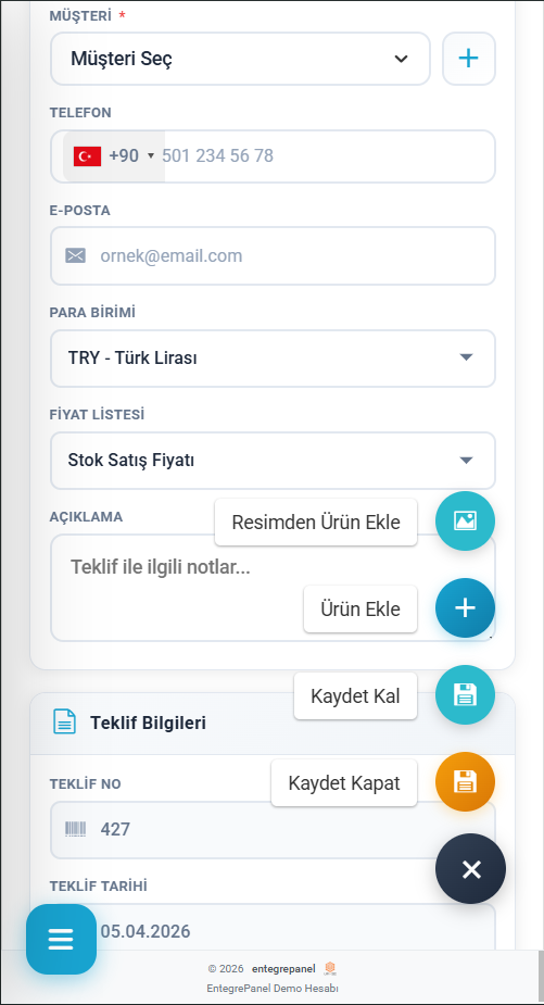 Mobilden Teklif Oluşturma - EntegrePanel iOS ve Android
