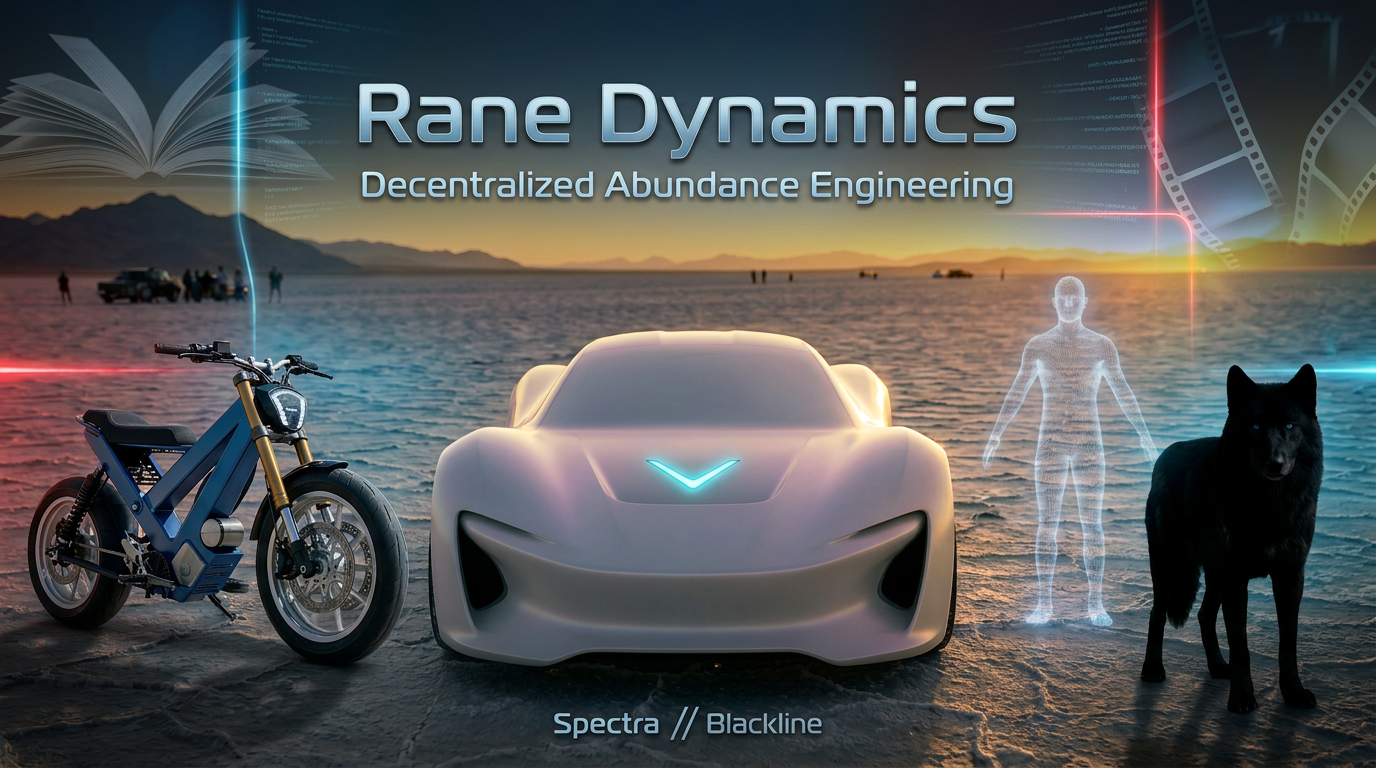 Rane Dynamics — Decentralized Abundance Engineering. V1 electric platform and Spectra Blackline vehicle on the salt flats.