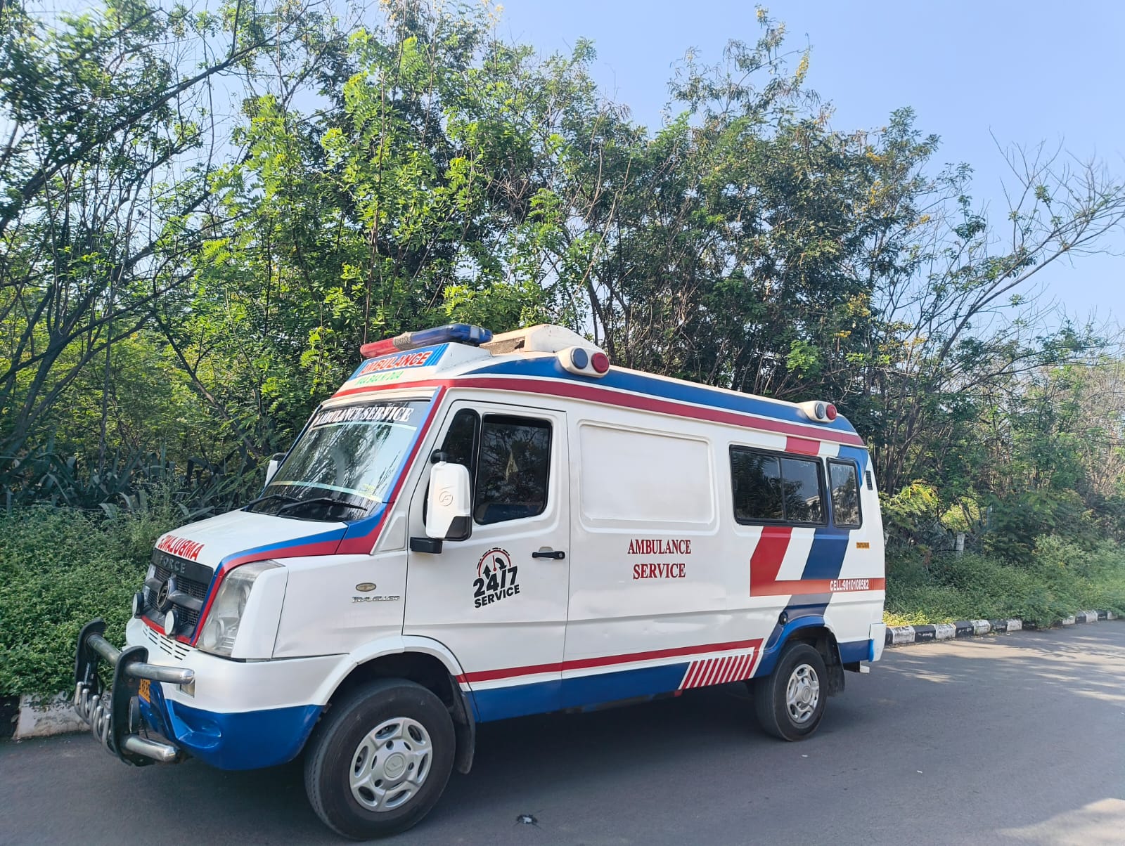 Outstation Ambulance Hyderabad vehicle — long distance ambulance with oxygen and stretcher, Hyderabad