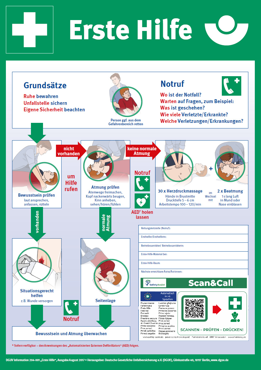 DGUV first-aid poster with Scan & Call QR code