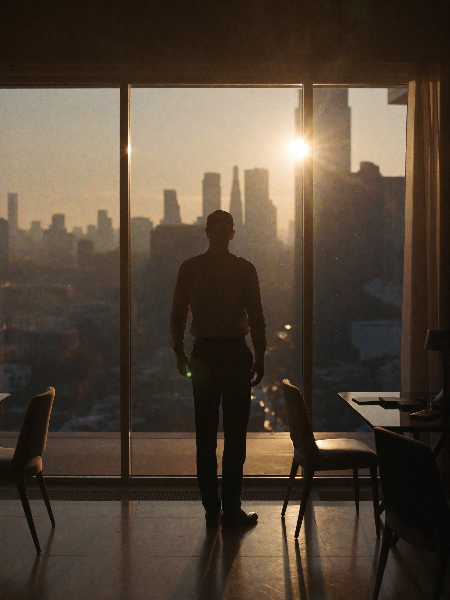 Alex mirando hacia la ciudad al atardecer