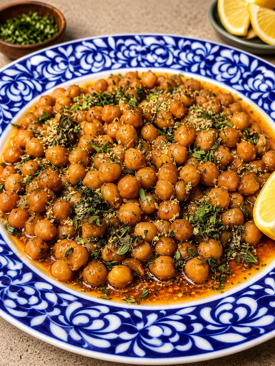 Slow-Baked Chickpeas with Lemon, Carob Honey & Oregano