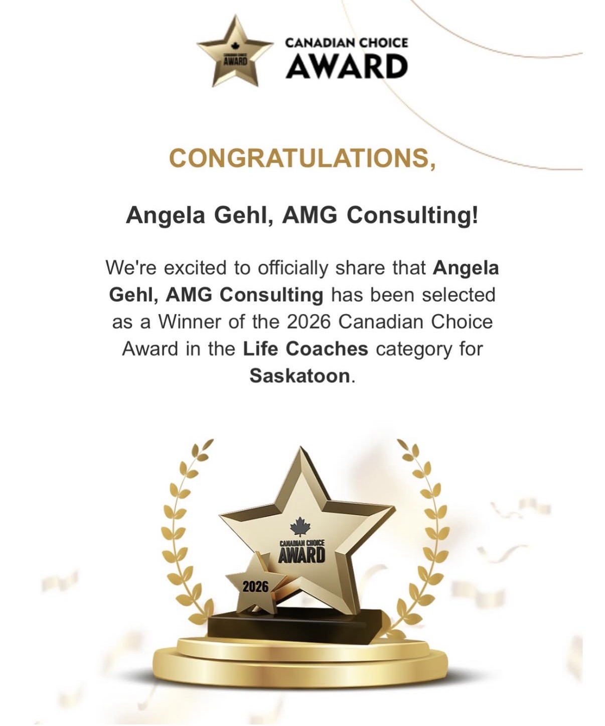 Angela Gehl — 2026 Canadian Choice Award winner, Life Coaches category, Saskatoon