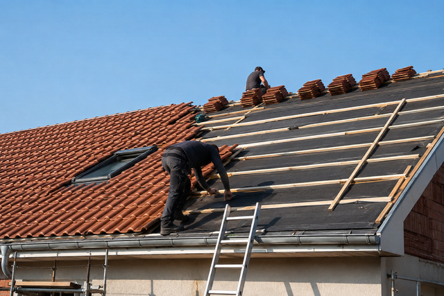 Artisans HB&C en train de refaire une toiture — pose de tuiles et volige