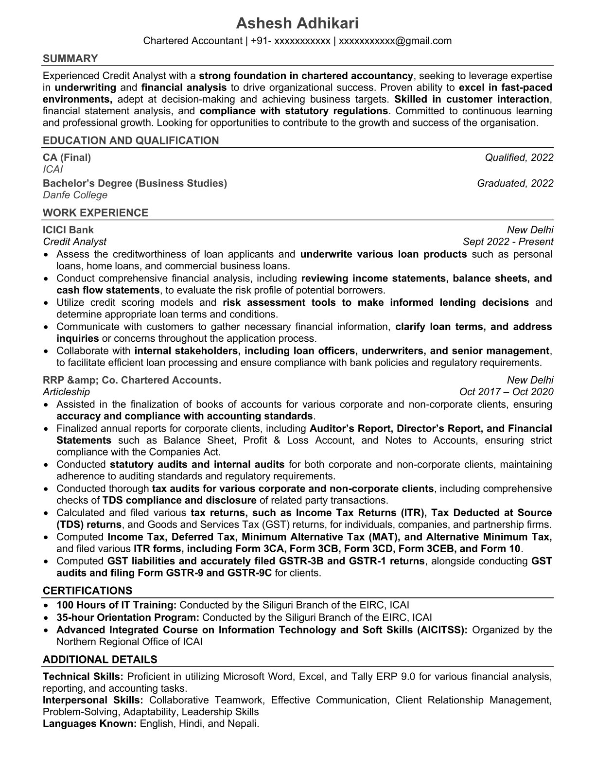 Chartered accountant resume sample written by CVefy — professional resume India