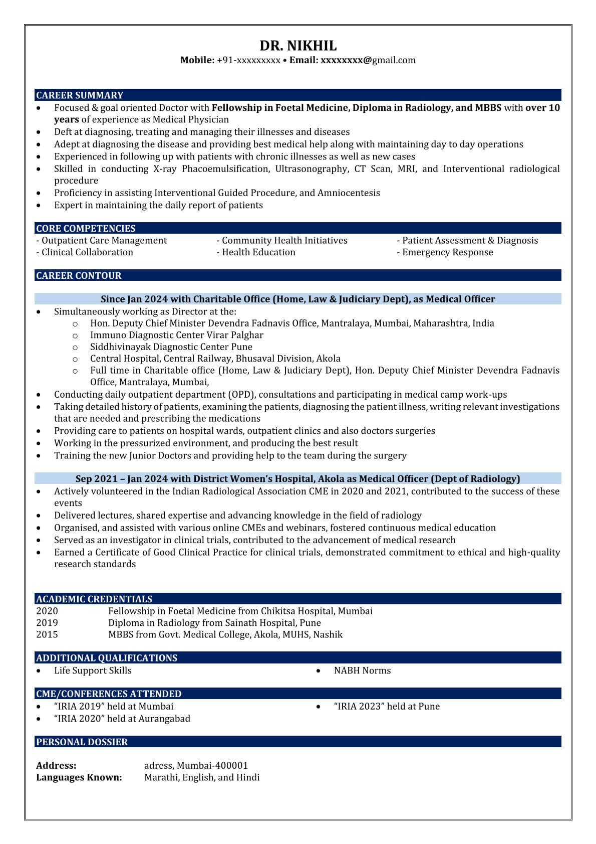 Doctor resume sample written by CVefy — ATS optimised resume India