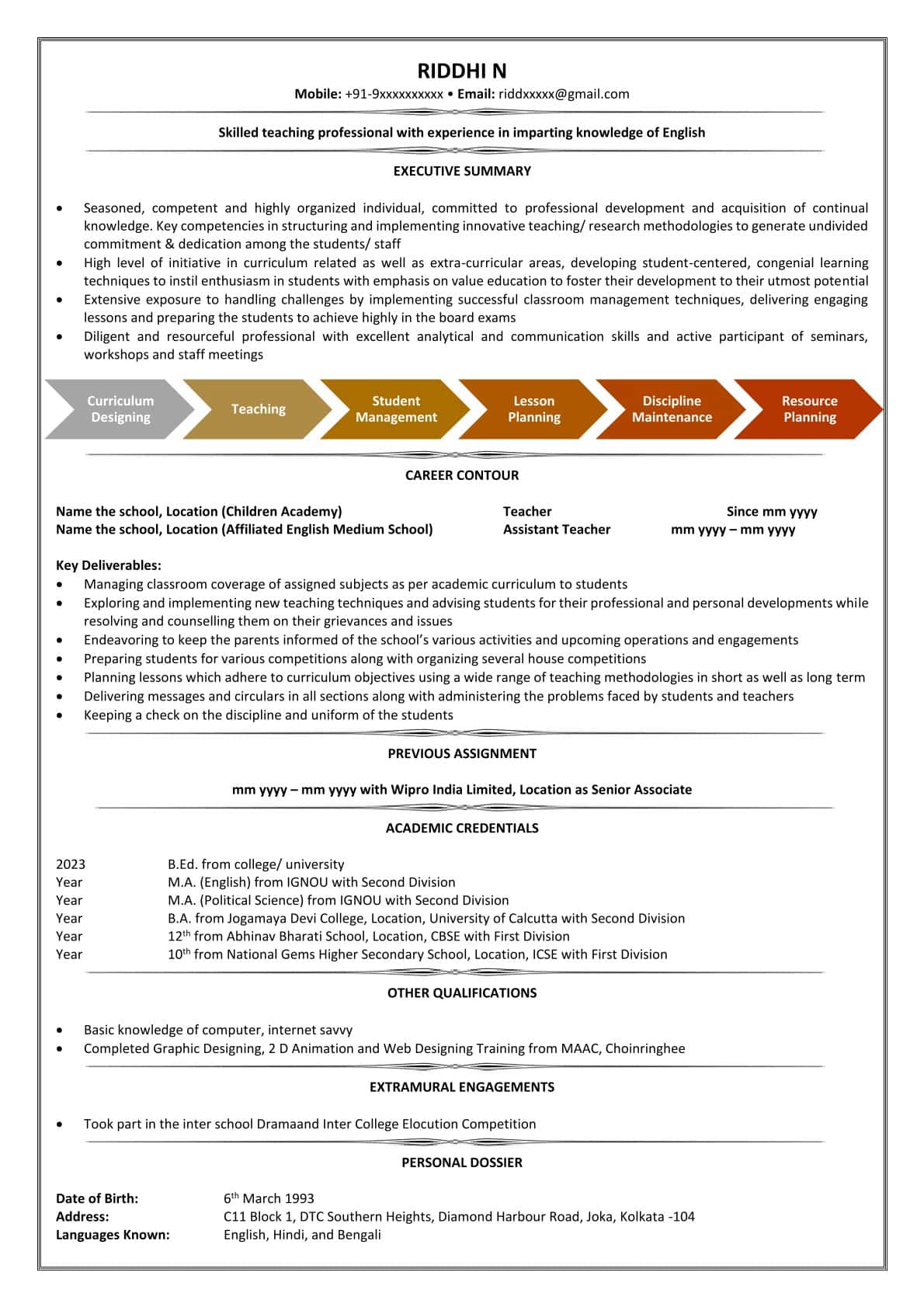 Teacher resume sample written by CVefy — ATS optimised professional resume India