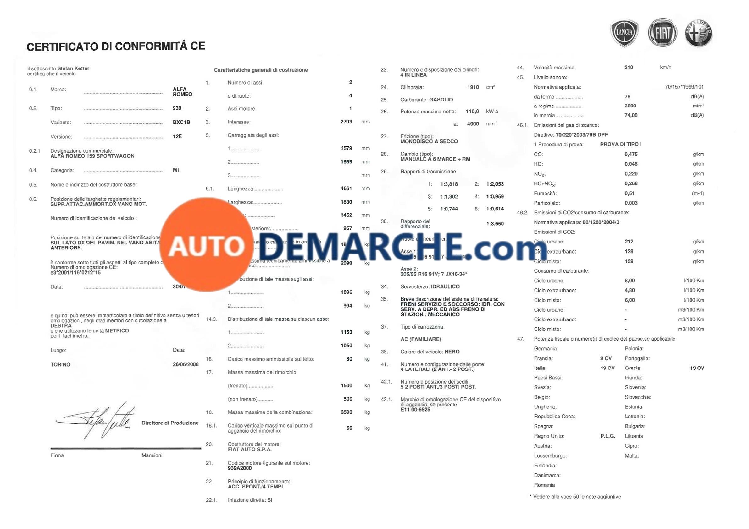 Exemple de Certificat de Conformité Alfa Romeo Certificat de Conformité COC Alfa Romeo - Document officiel pour immatriculation