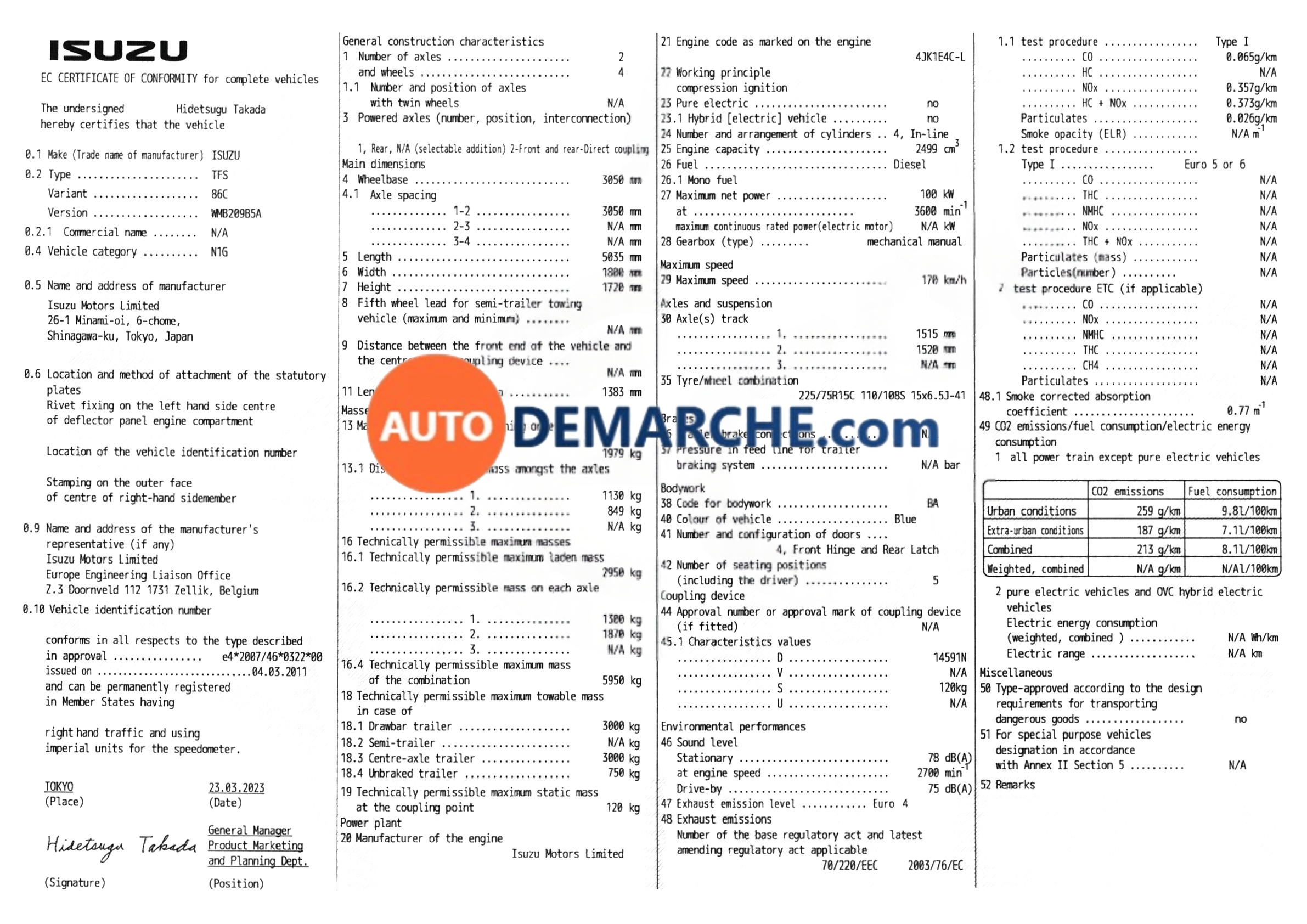 Certificat de Conformité COC Isuzu - Document officiel pour immatriculation