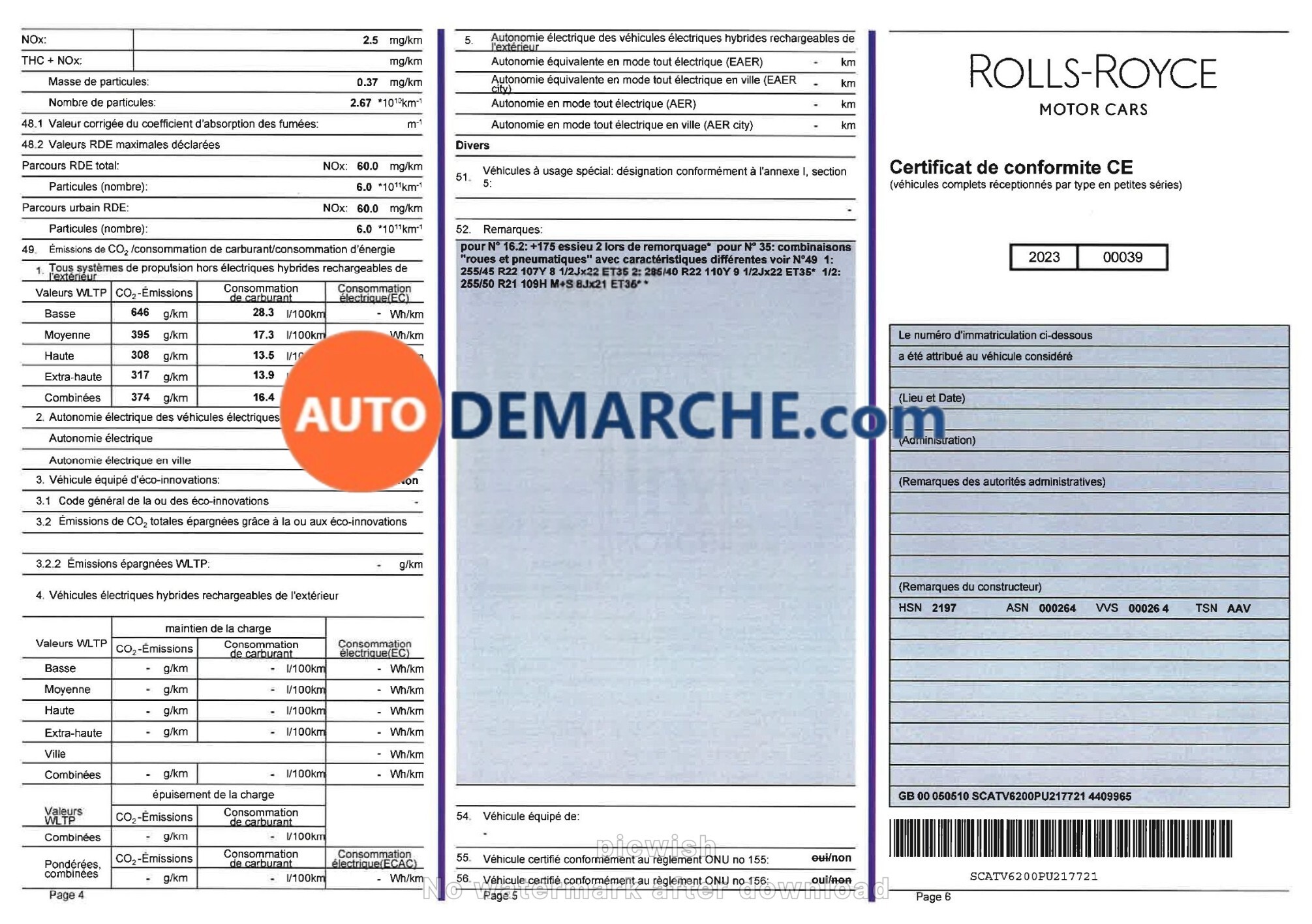 Certificat de Conformité COC Rolls-Royce - Document officiel pour immatriculation