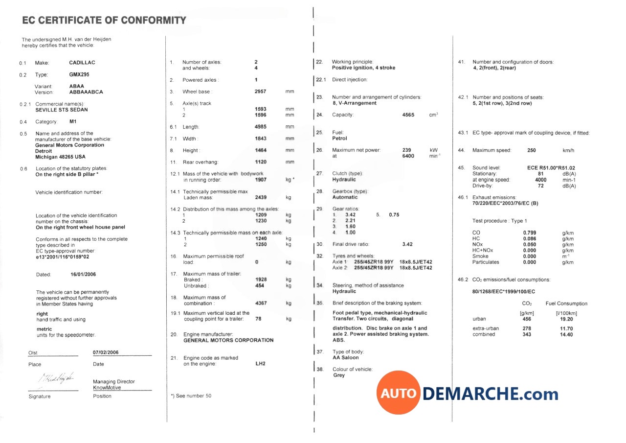 Certificat de Conformité COC Cadillac - Document officiel pour immatriculation