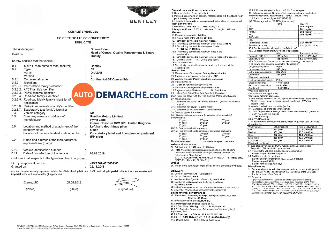 Certificat de Conformité COC Bentley - Document officiel pour immatriculation