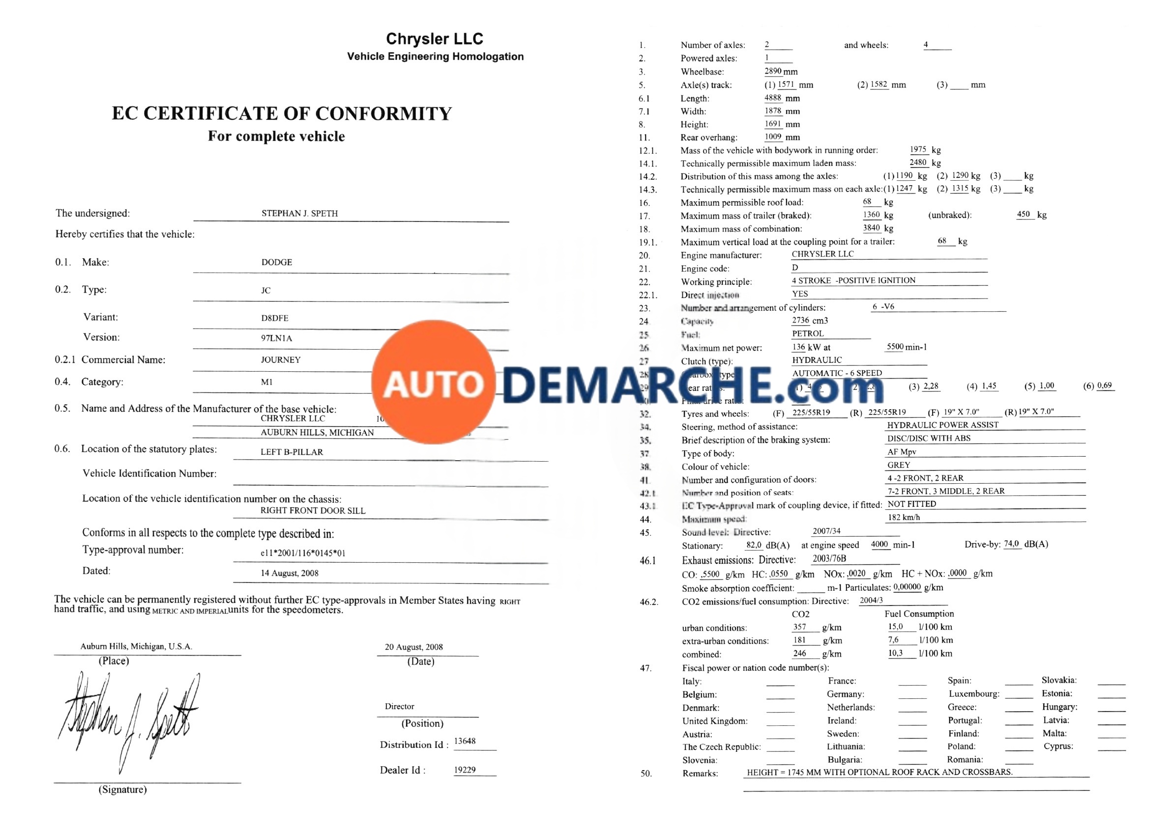 Certificat de Conformité COC Dodge - Document officiel pour immatriculation