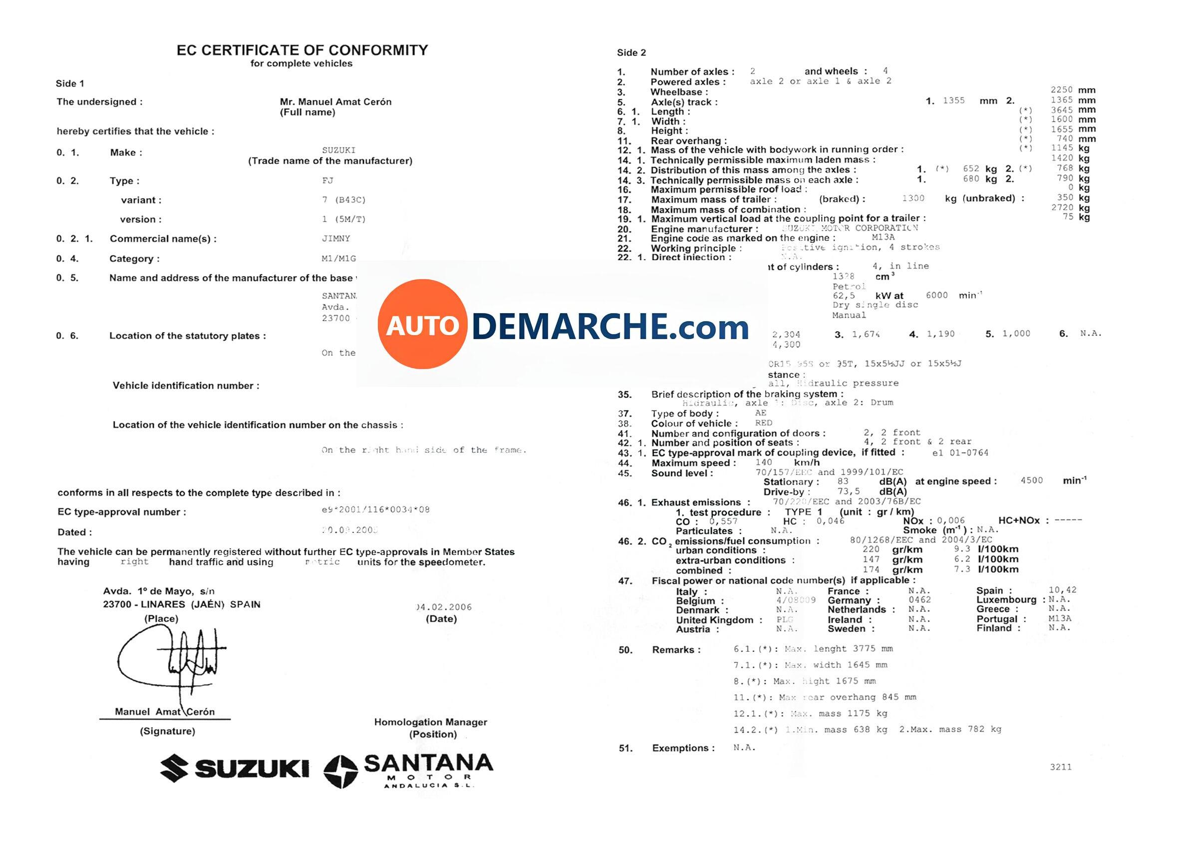Certificat de Conformité COC Santana - Document officiel pour immatriculation
