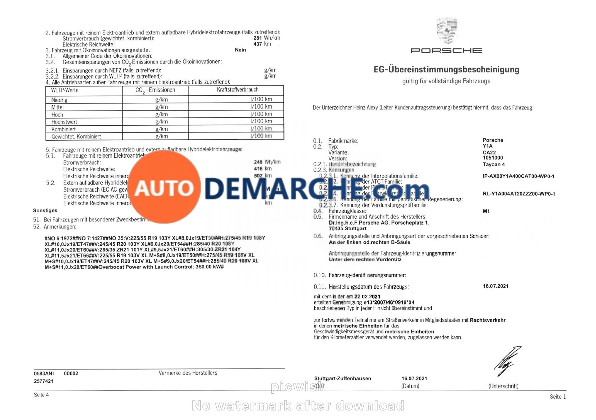 Certificat de Conformité COC Porsche - Document officiel pour immatriculation