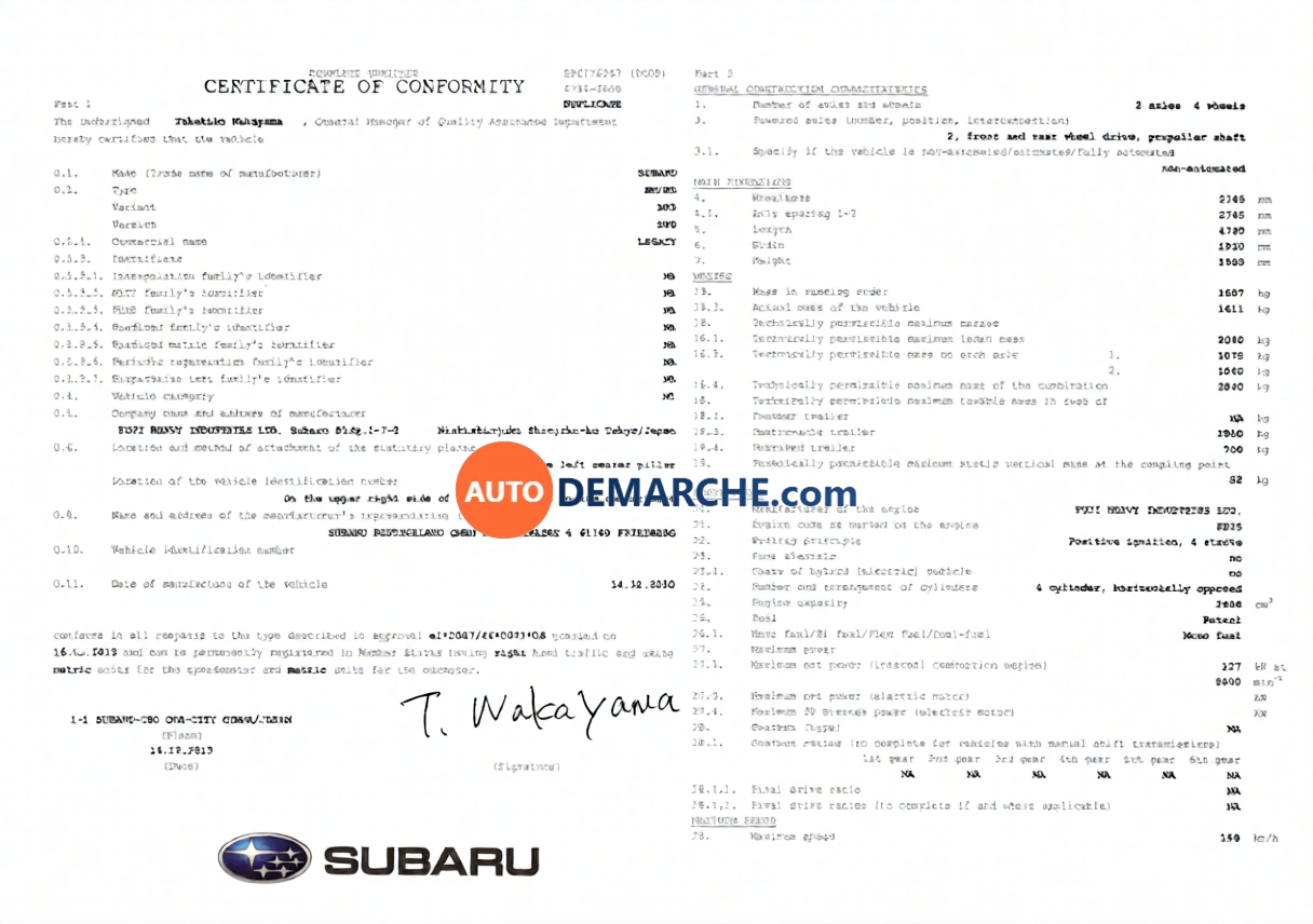 Exemple de Certificat de Conformité Subaru Certificat de Conformité COC Subaru - Document officiel pour immatriculation