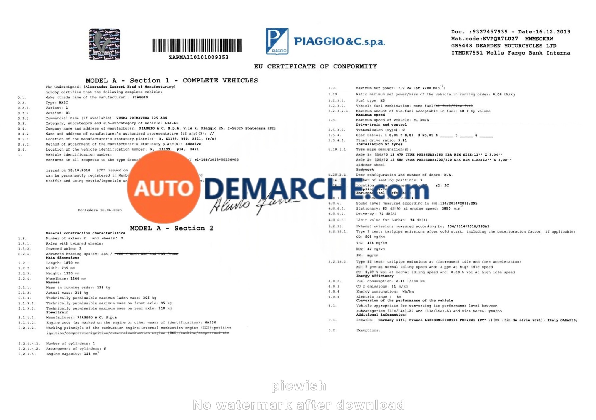 Exemple de Certificat de Conformité Piaggio Certificat de Conformité COC Piaggio - Document officiel pour immatriculation