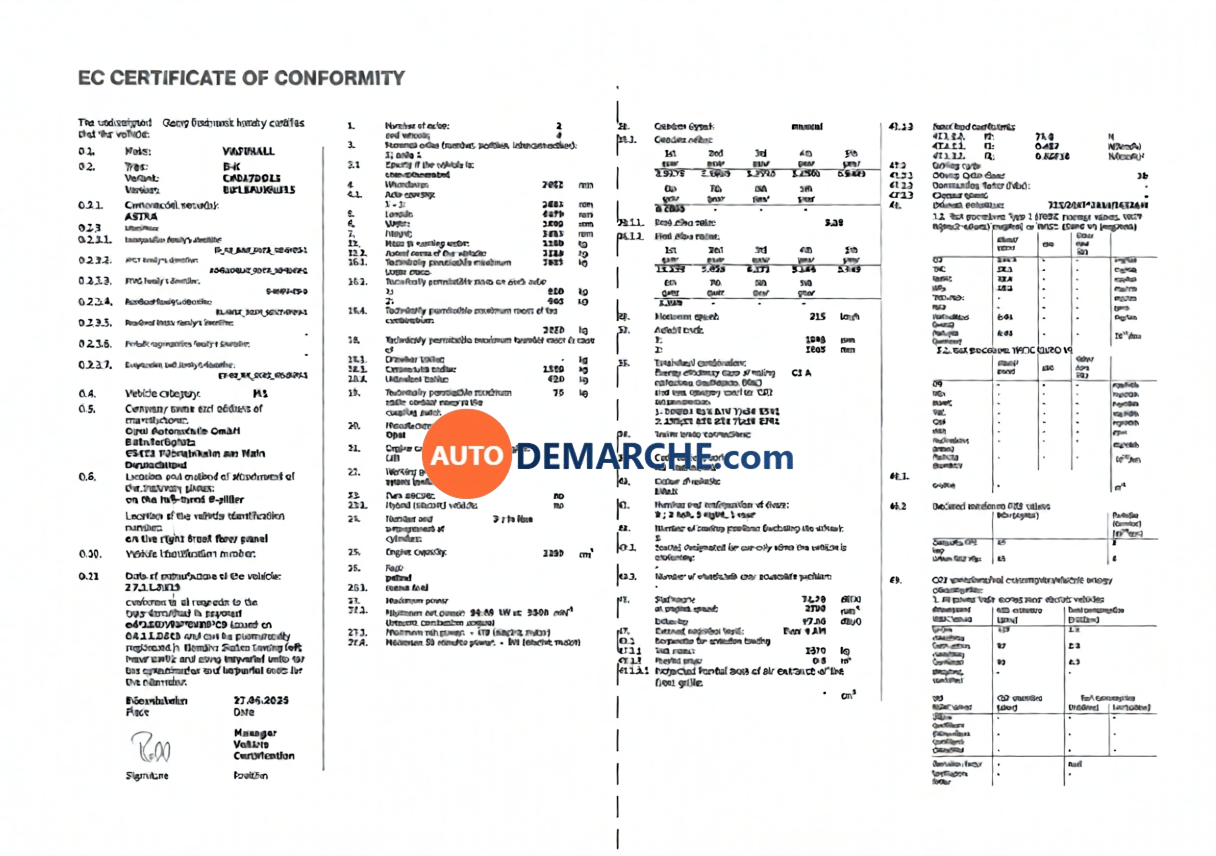 Certificat de Conformité COC Vauxhall - Document officiel pour immatriculation