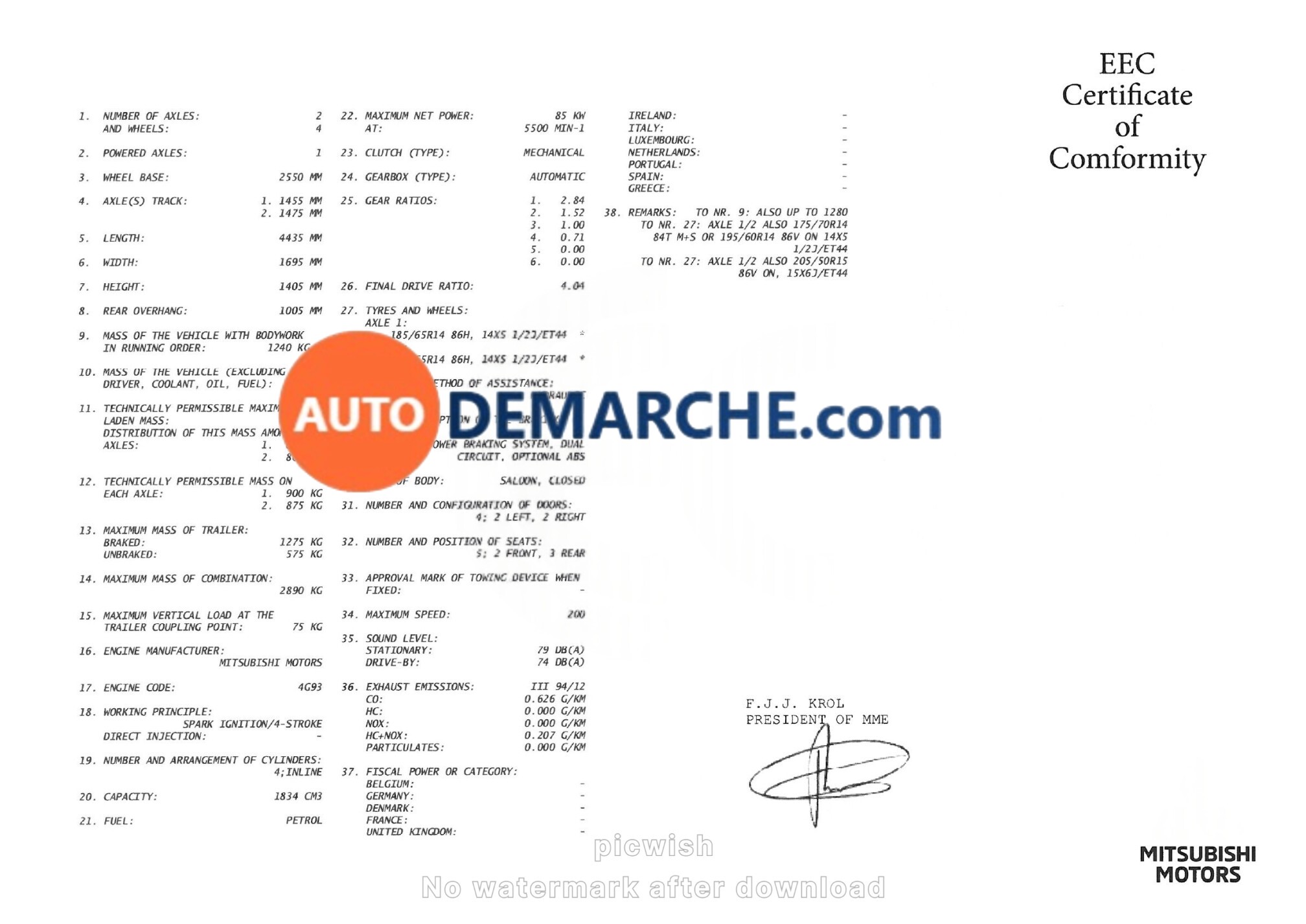 Certificat de Conformité COC Mitsubishi - Document officiel pour immatriculation