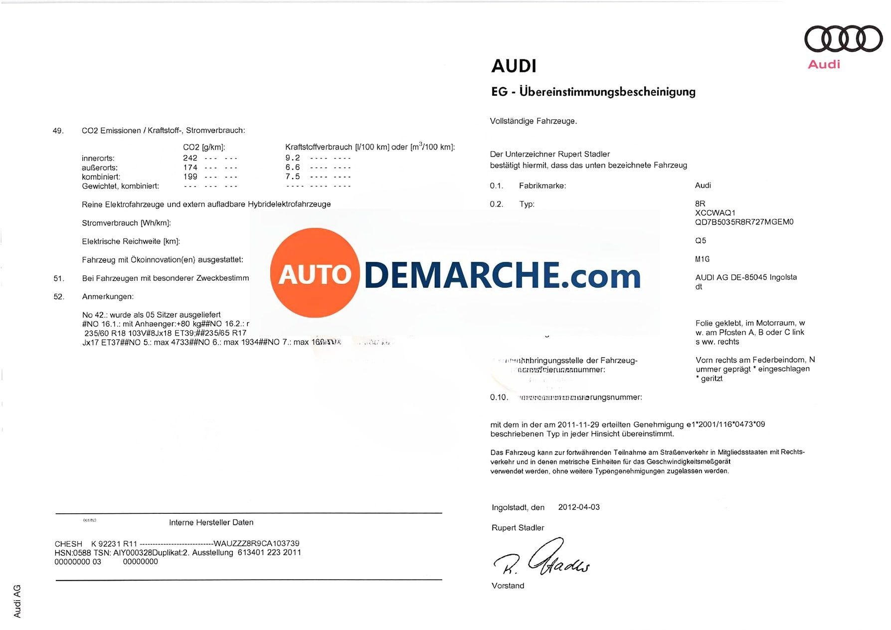 Exemple de Certificat de Conformité Audi Certificat de Conformité COC Audi - Document officiel pour immatriculation