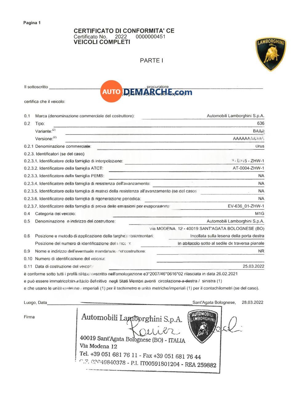 Certificat de Conformité COC Lamborghini - Document officiel pour immatriculation