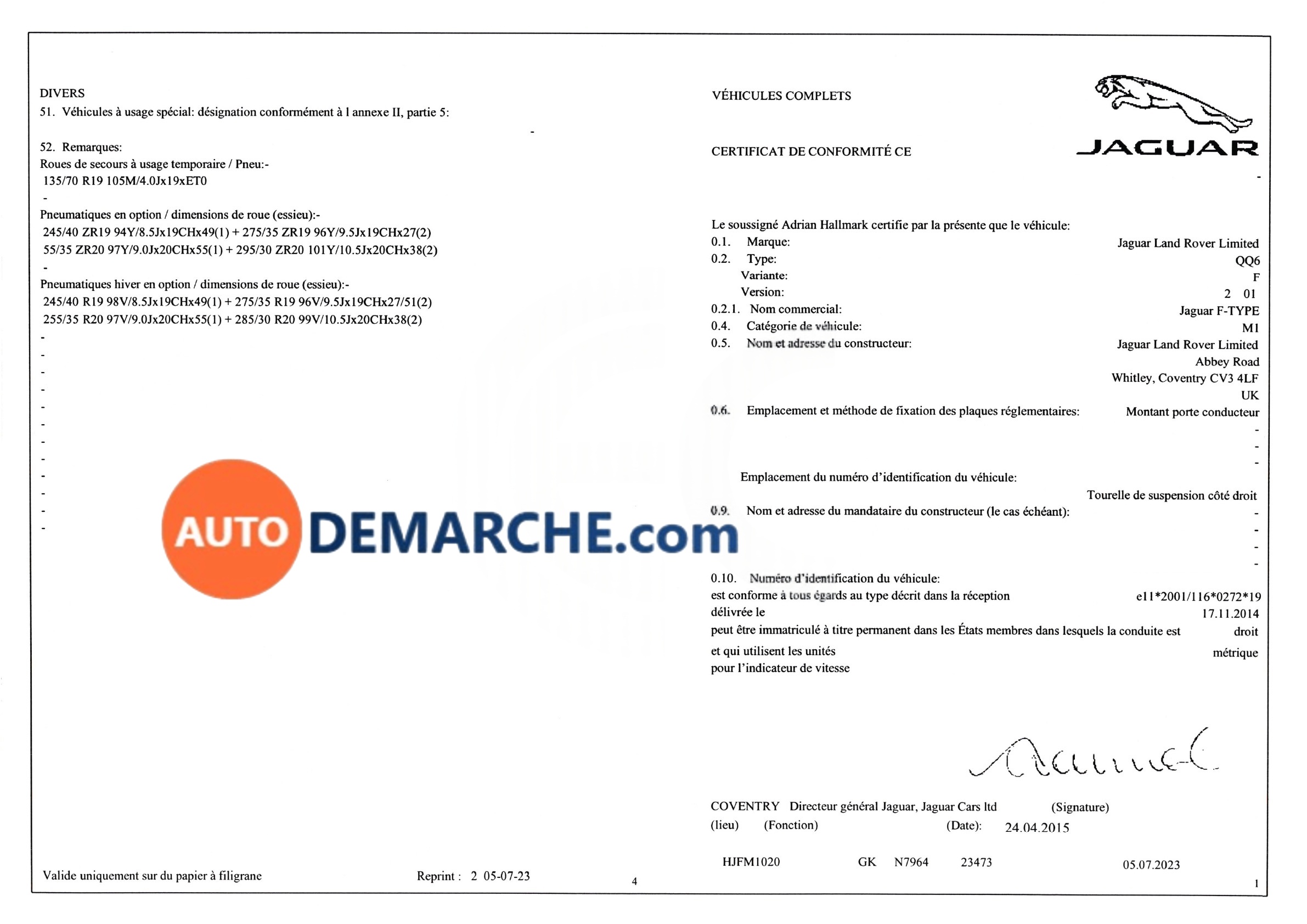 Certificat de Conformité COC Jaguar - Document officiel pour immatriculation