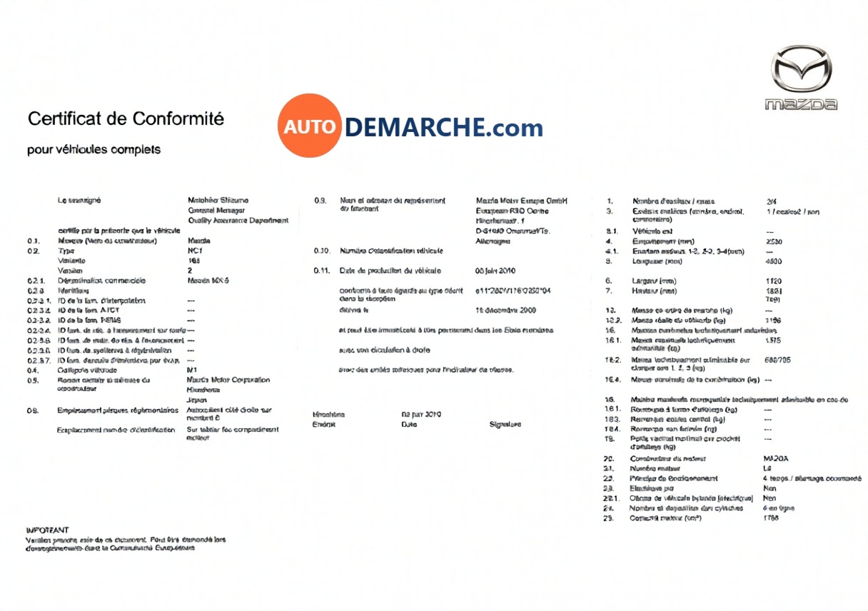 Certificat de Conformité COC Mazda - Document officiel pour immatriculation
