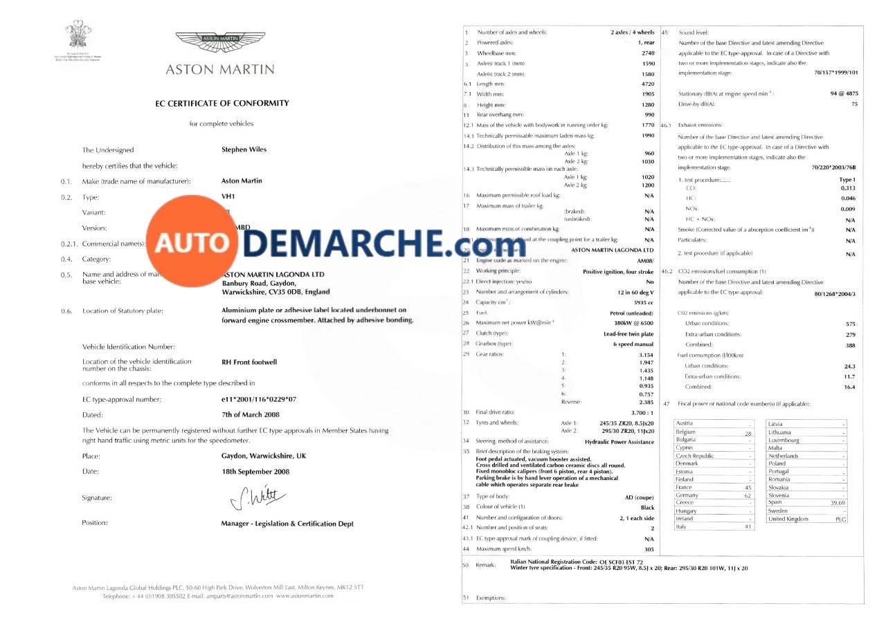 Certificat de Conformité COC Aston Martin - Document officiel pour immatriculation