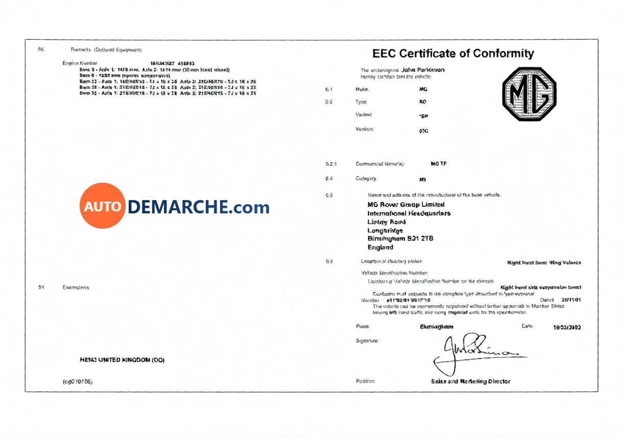 Certificat de Conformité COC MG - Document officiel pour immatriculation