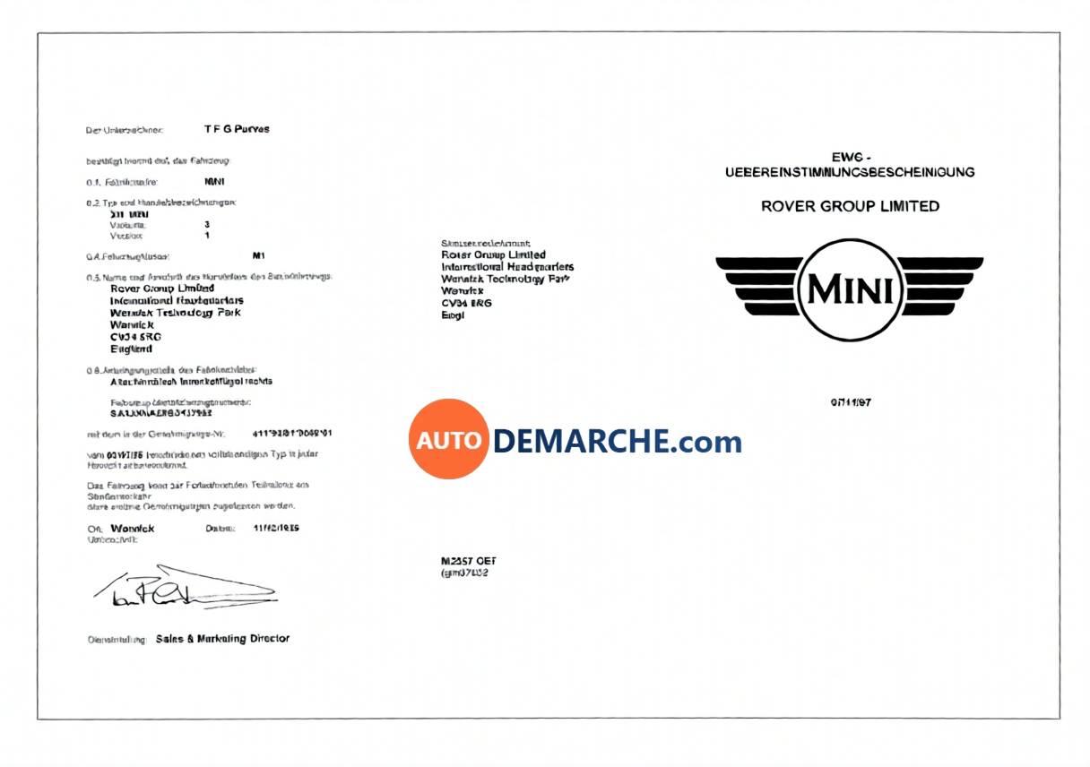 Certificat de Conformité COC Mini Cooper - Document officiel pour immatriculation