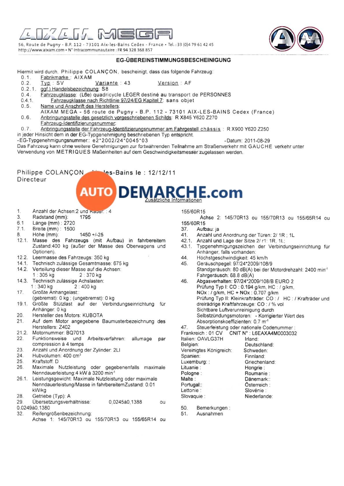 Certificat de Conformité COC Aixam - Document officiel pour immatriculation