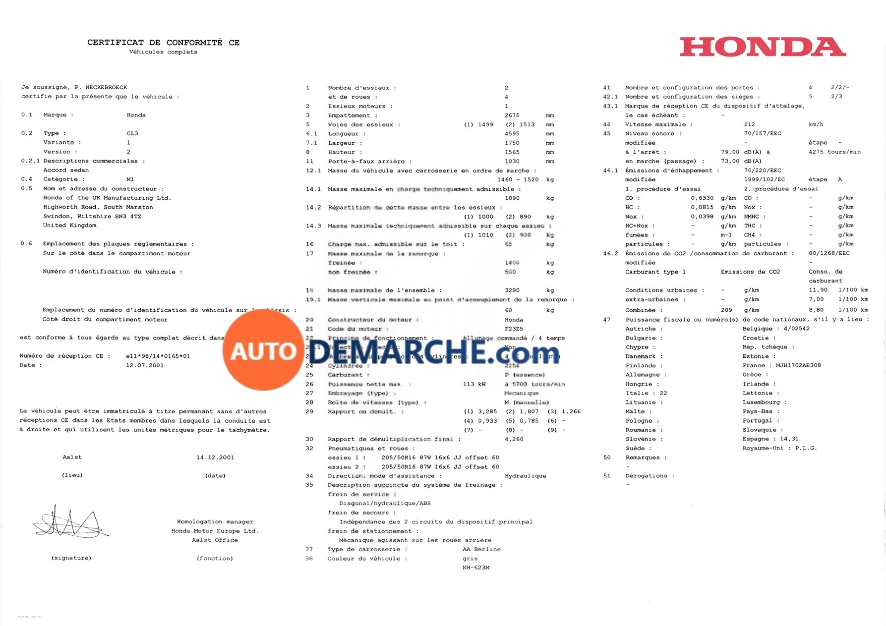 Exemple de Certificat de Conformité Honda Certificat de Conformité COC Honda - Document officiel pour immatriculation