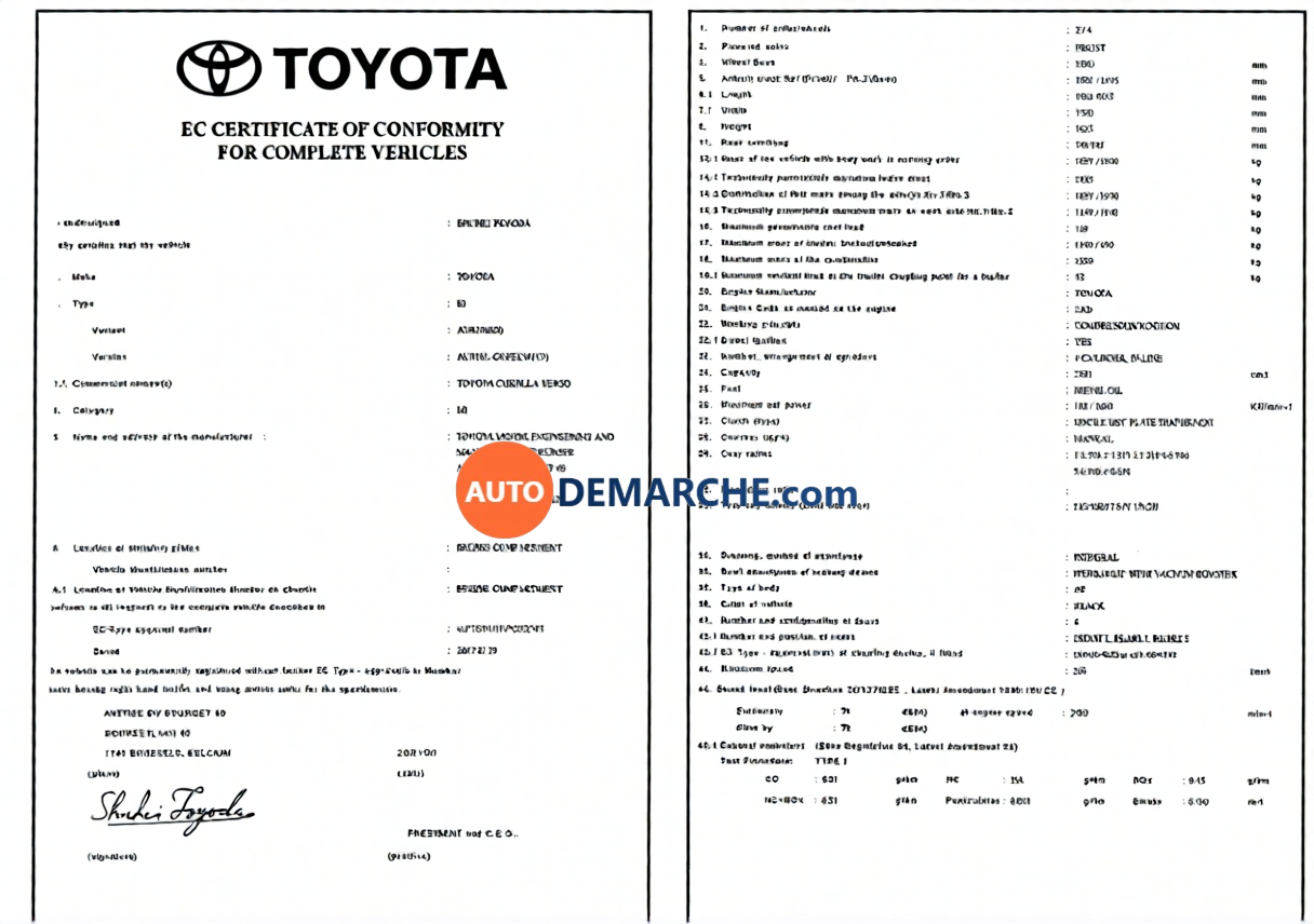Certificat de Conformité COC Toyota - Document officiel pour immatriculation