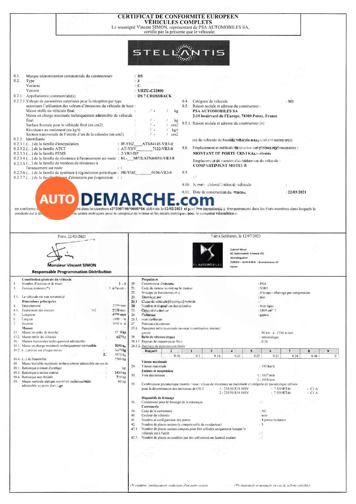 Exemple de Certificat de Conformité DS Automobiles Certificat de Conformité COC DS Automobiles - Document officiel pour immatriculation