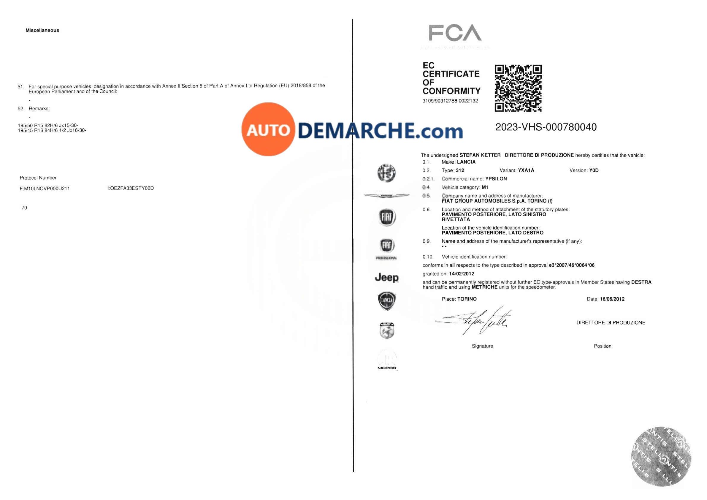 Certificat de Conformité COC Lancia - Document officiel pour immatriculation