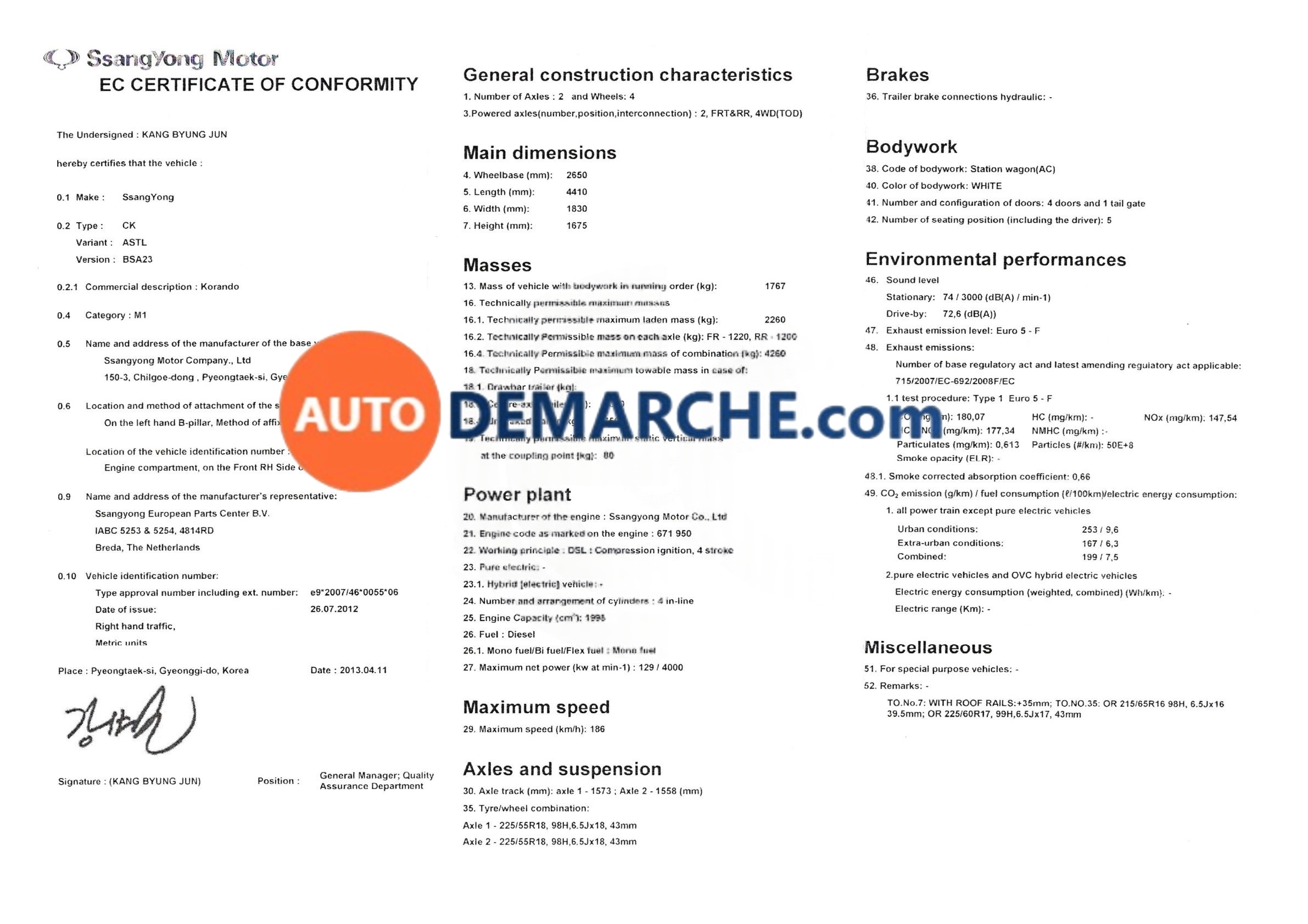 Certificat de Conformité COC SsangYong - Document officiel pour immatriculation
