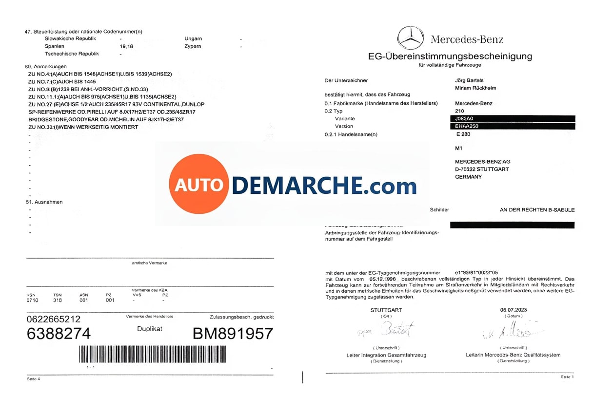 Certificat de Conformité COC Mercedes-Benz - Document officiel pour immatriculation