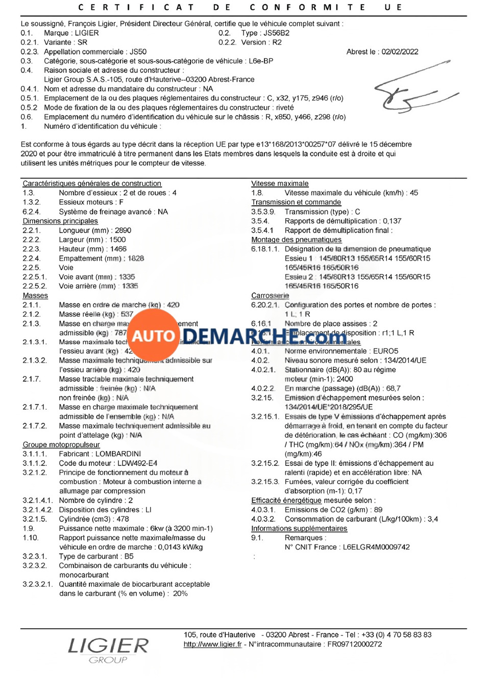 Certificat de Conformité COC Ligier - Document officiel pour immatriculation