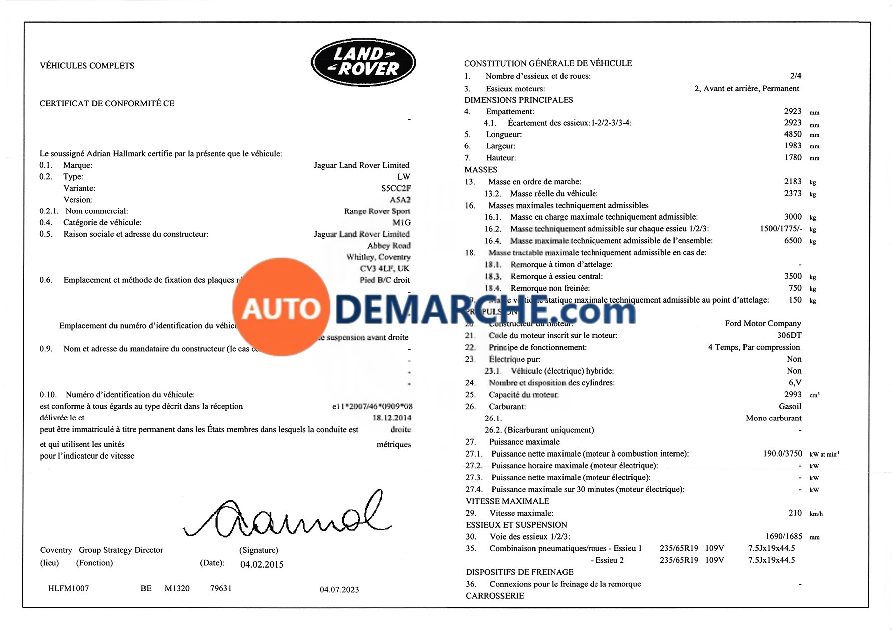 Exemple de Certificat de Conformité Land Rover Certificat de Conformité COC Land Rover - Document officiel pour immatriculation
