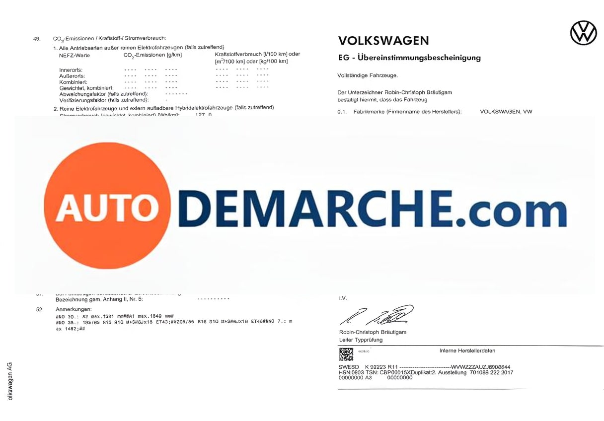 Certificat de Conformité COC Volkswagen - Document officiel pour immatriculation