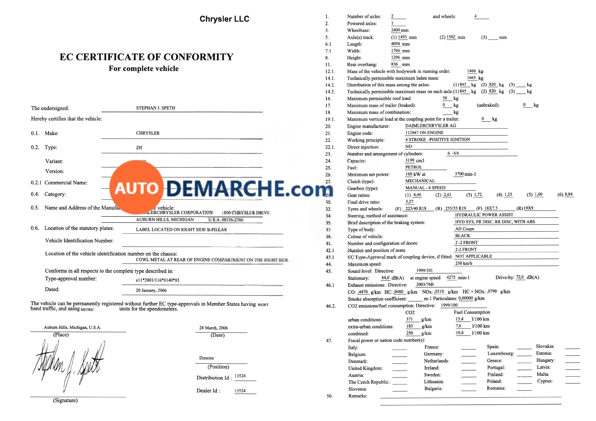 Exemple de Certificat de Conformité Chrysler Certificat de Conformité COC Chrysler - Document officiel pour immatriculation