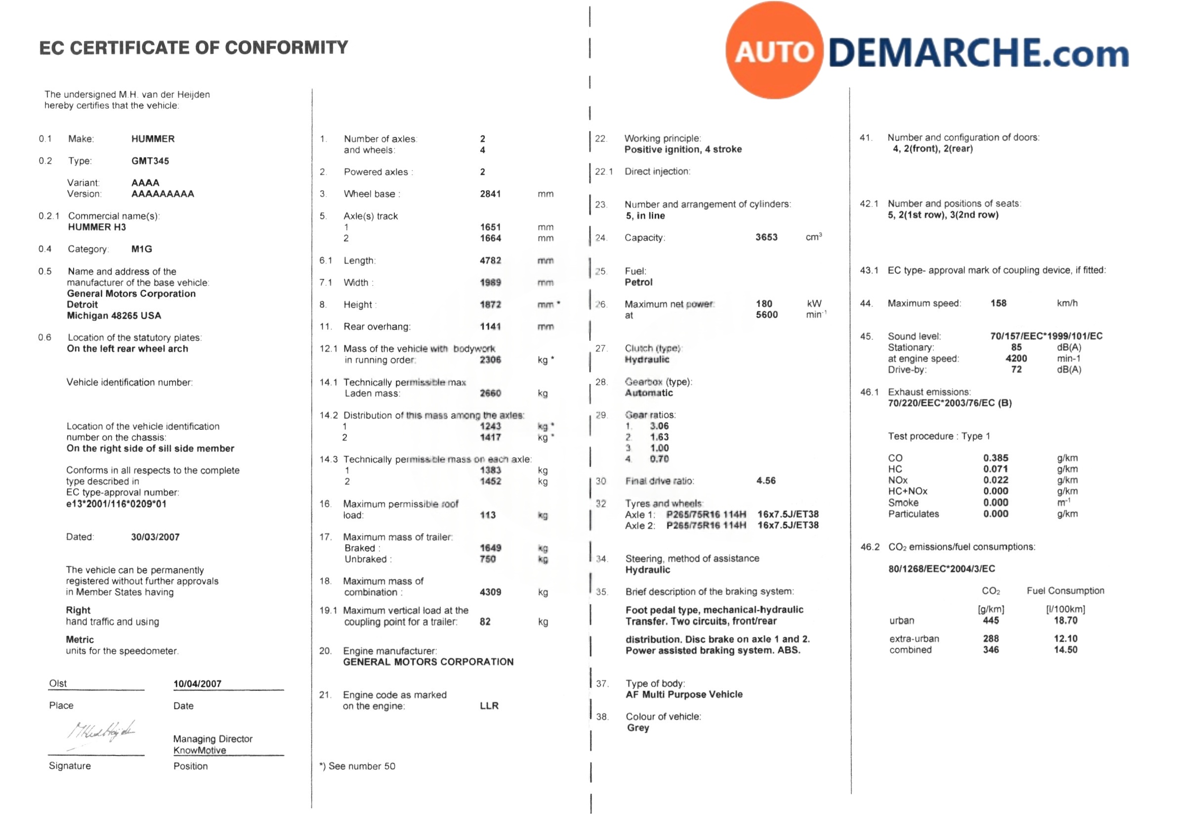 Certificat de Conformité COC Hummer - Document officiel pour immatriculation