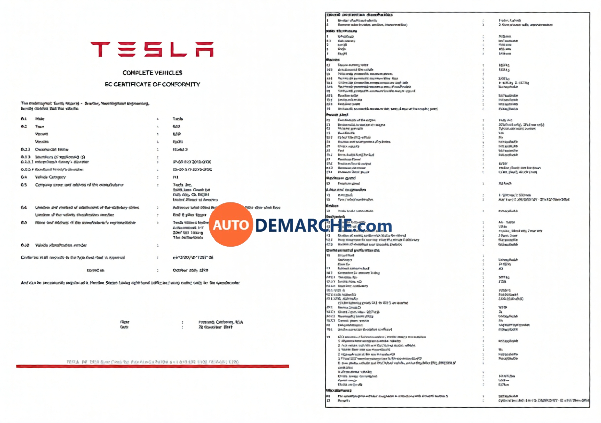 Certificat de Conformité COC Tesla - Document officiel pour immatriculation