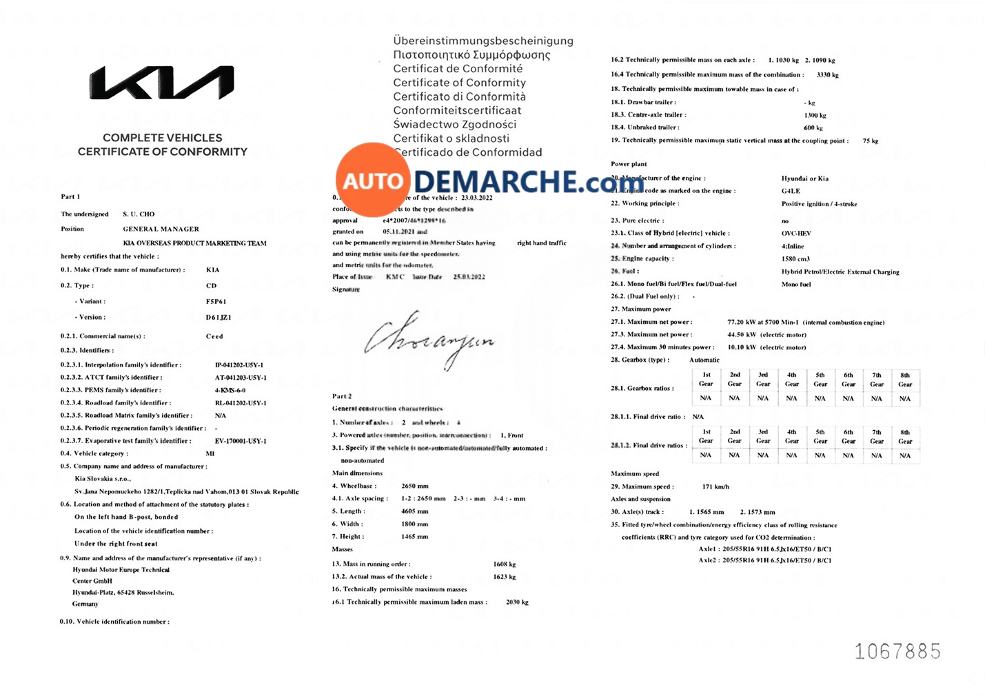 Certificat de Conformité COC Kia - Document officiel pour immatriculation
