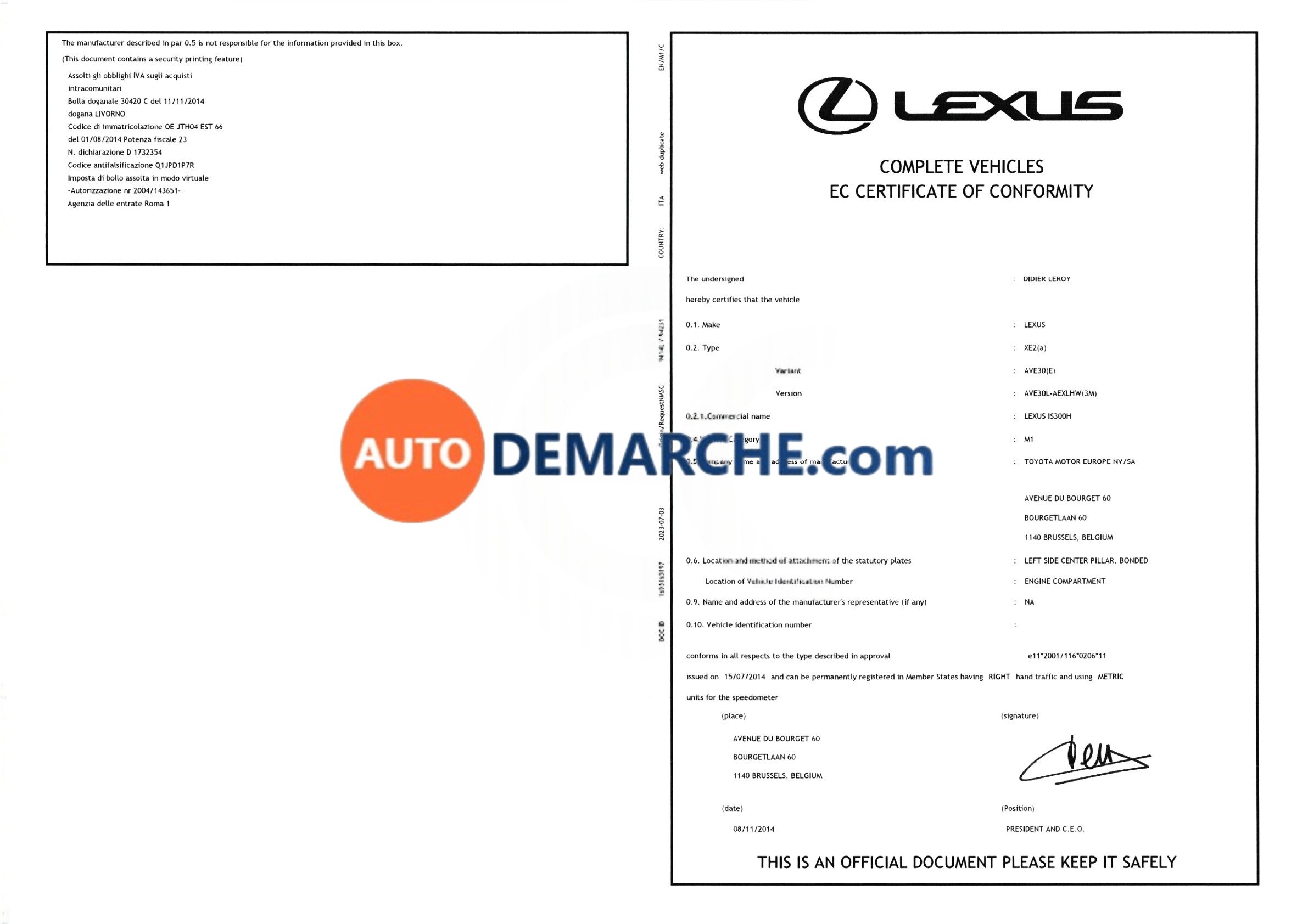 Certificat de Conformité COC Lexus - Document officiel pour immatriculation