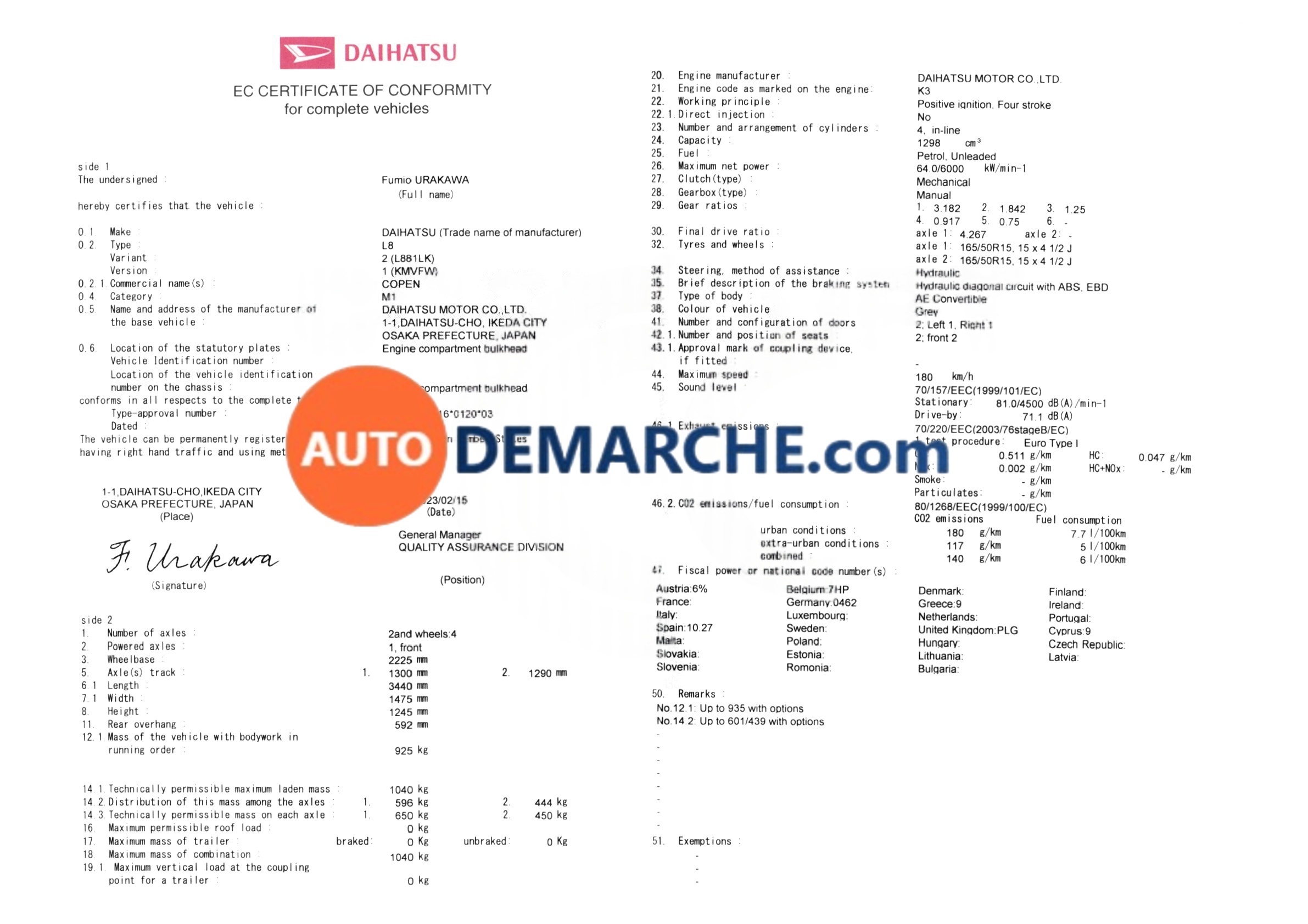 Certificat de Conformité COC Daihatsu - Document officiel pour immatriculation