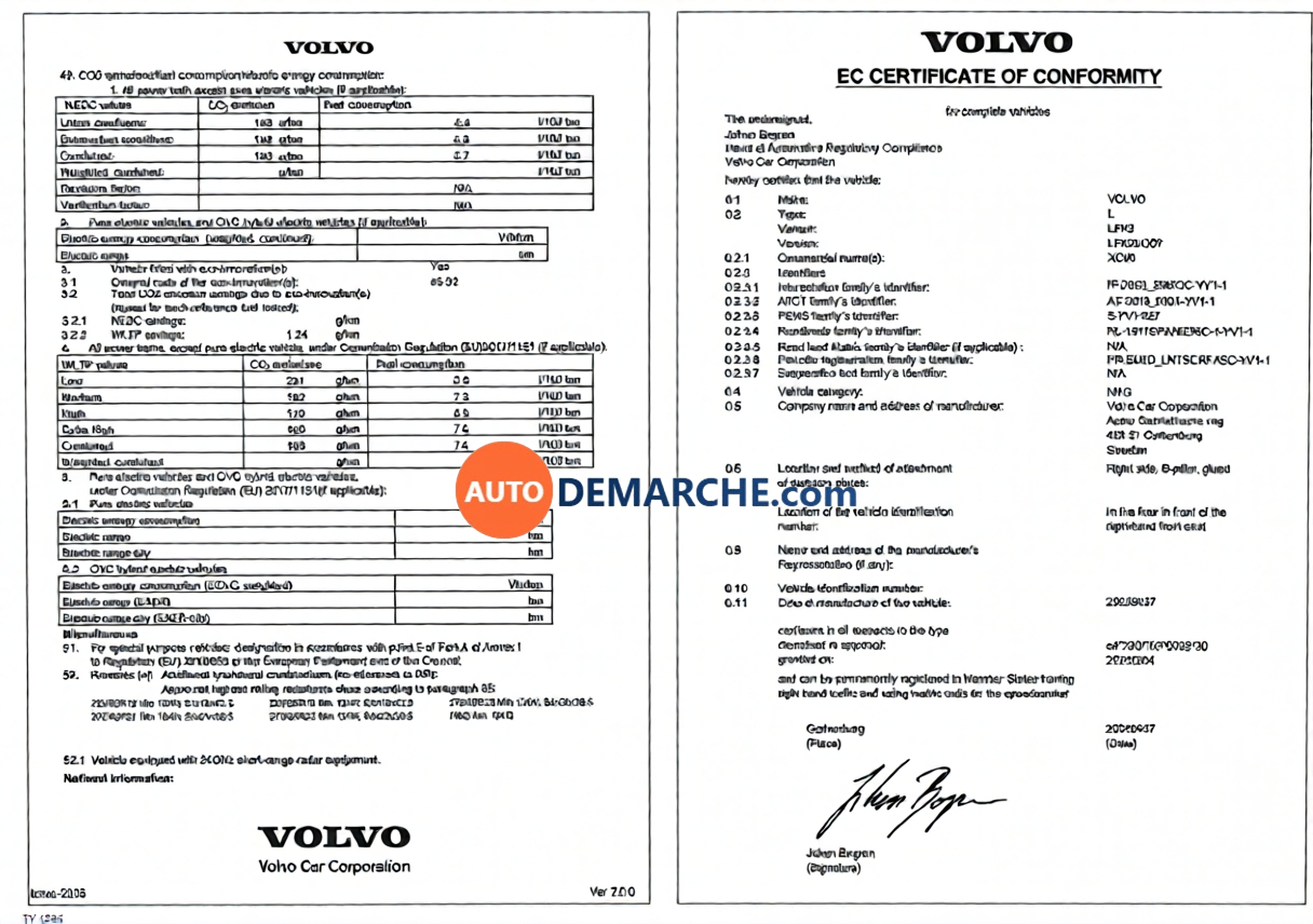 Certificat de Conformité COC Volvo - Document officiel pour immatriculation