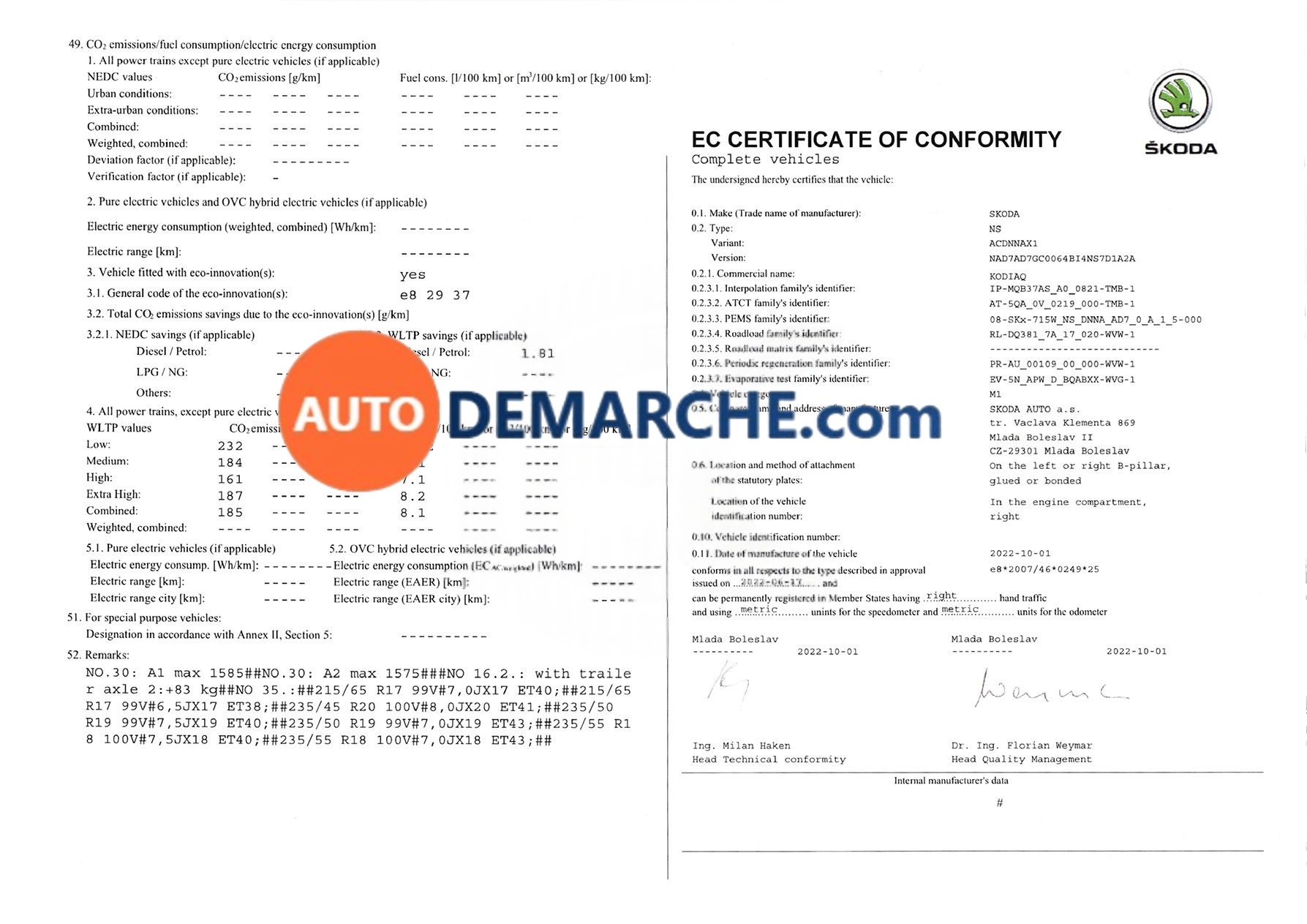 Exemple de Certificat de Conformité Škoda Certificat de Conformité COC Škoda - Document officiel pour immatriculation