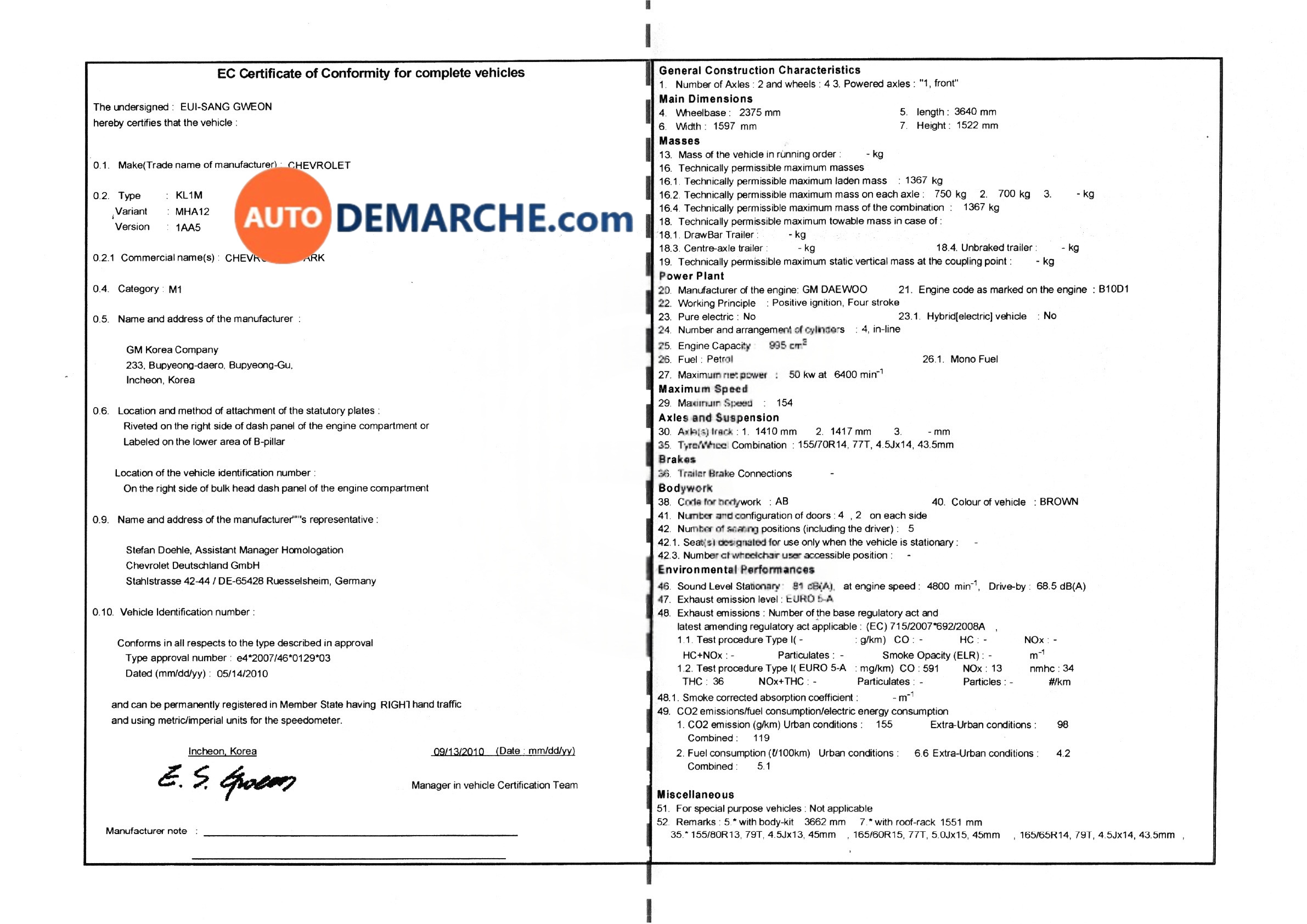 Certificat de Conformité COC Chevrolet - Document officiel pour immatriculation