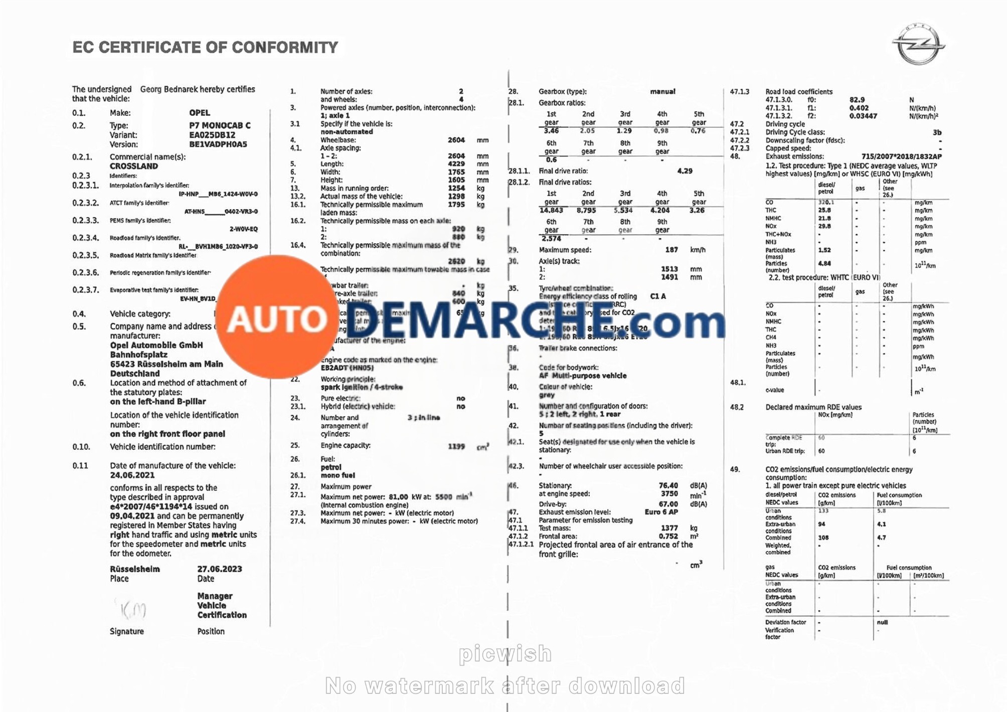 Certificat de Conformité COC Opel - Document officiel pour immatriculation